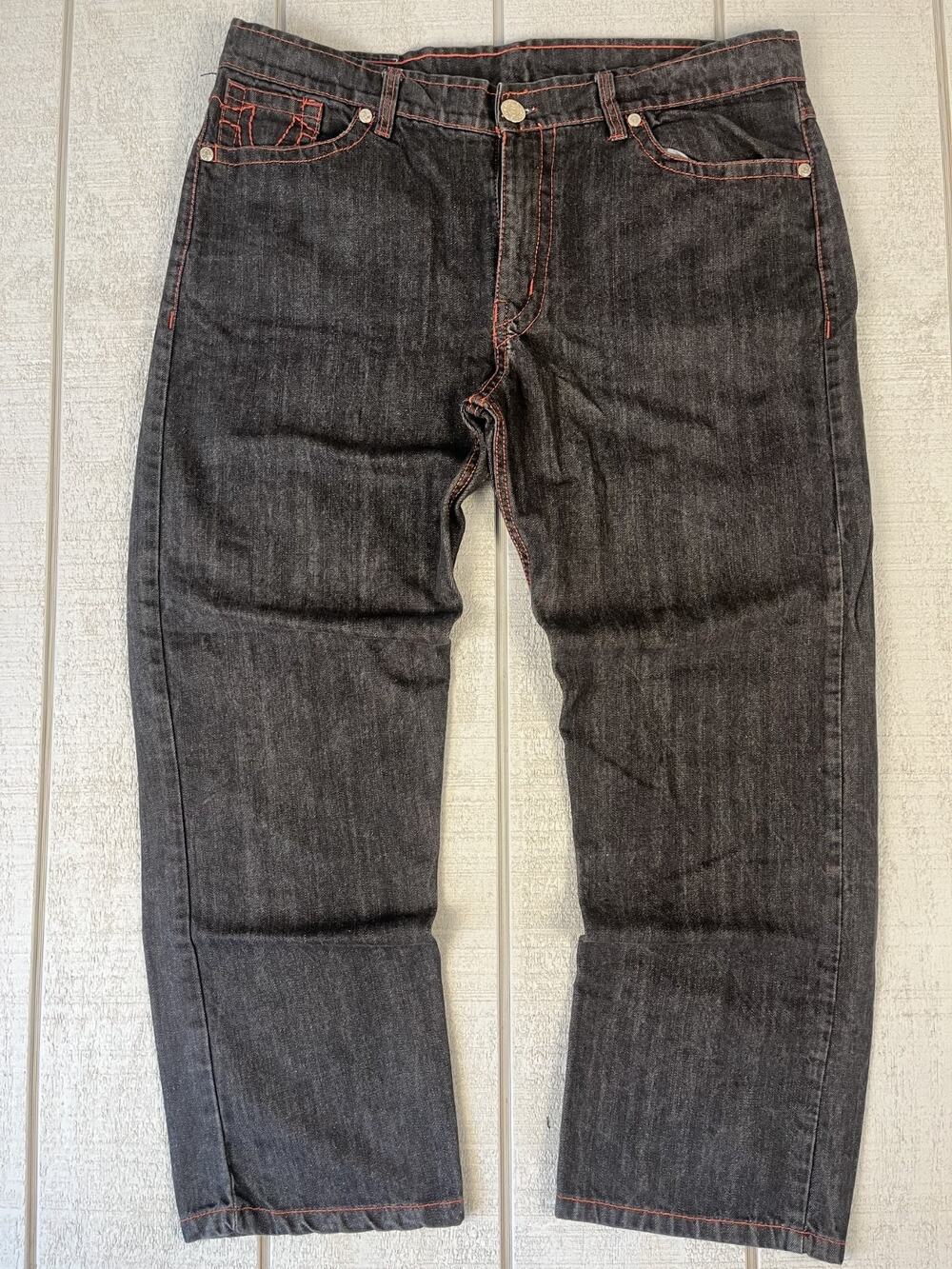True Religion Billy Giant Big T Red Stitch Jeans Mens 42 Black Y2K Streetwear